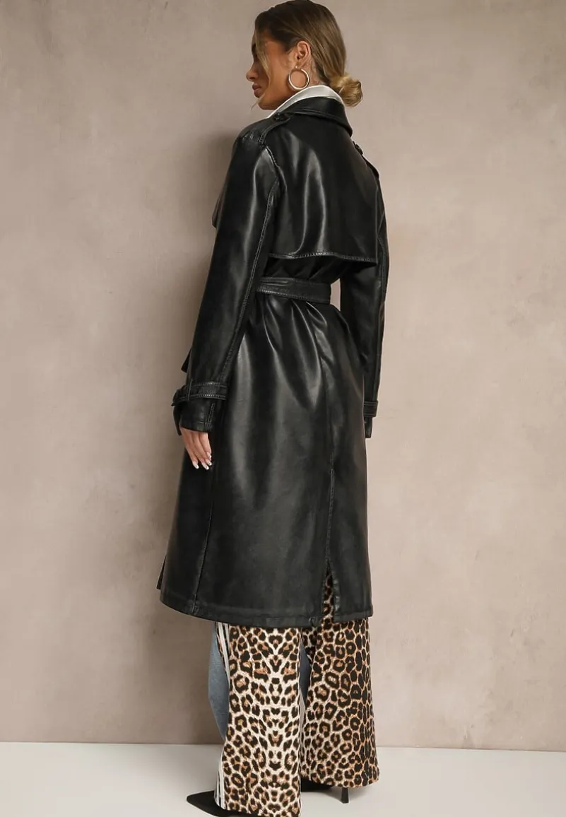 Czarny Płaszcz Trencz z Imitacji Skóry o Dwurzędowym Fasonie z Paskiem Davialia