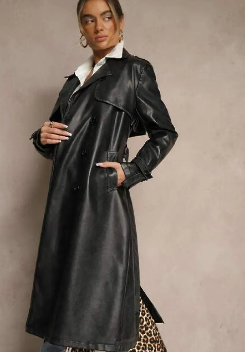 Czarny Płaszcz Trencz z Imitacji Skóry o Dwurzędowym Fasonie z Paskiem Davialia