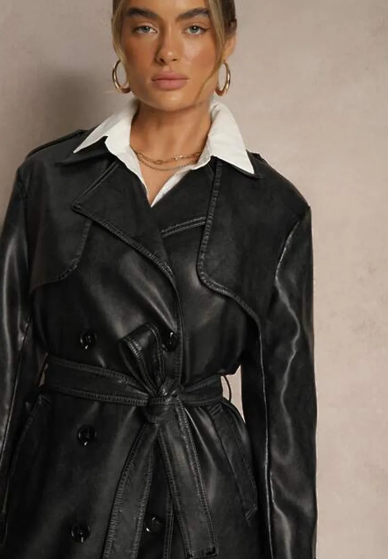Czarny Płaszcz Trencz z Imitacji Skóry o Dwurzędowym Fasonie z Paskiem Davialia