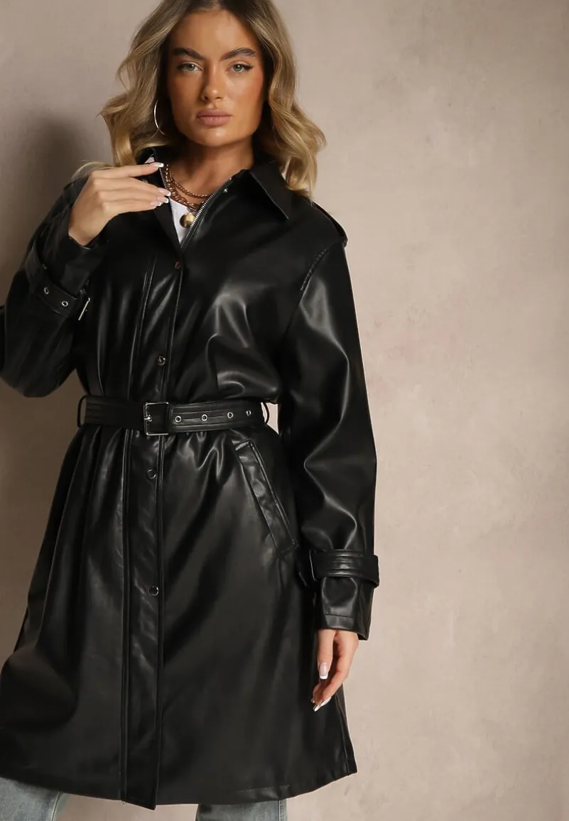 Czarny Płaszcz Trencz z Paskiem w Talii i Kieszeniami Mailora