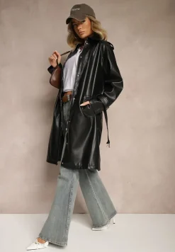 Czarny Płaszcz Trencz z Paskiem w Talii i Kieszeniami Mailora