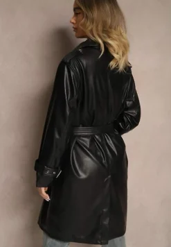 Czarny Płaszcz Trencz z Paskiem w Talii i Kieszeniami Mailora