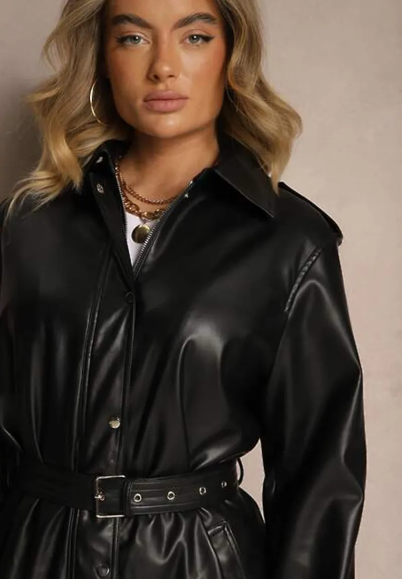 Czarny Płaszcz Trencz z Paskiem w Talii i Kieszeniami Mailora