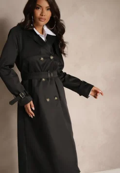 Czarny Płaszcz w Stylu Trencza z Paskiem i Klamrą Sinthelle