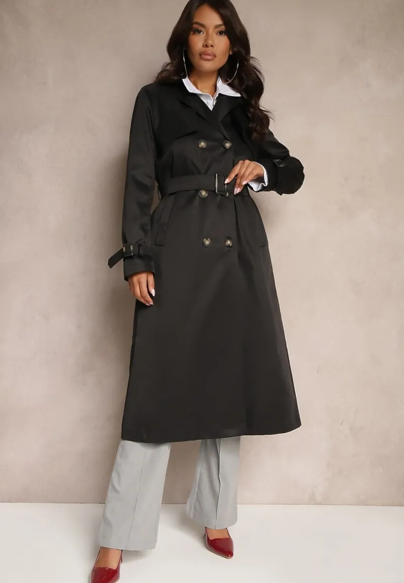 Czarny Płaszcz w Stylu Trencza z Paskiem i Klamrą Sinthelle