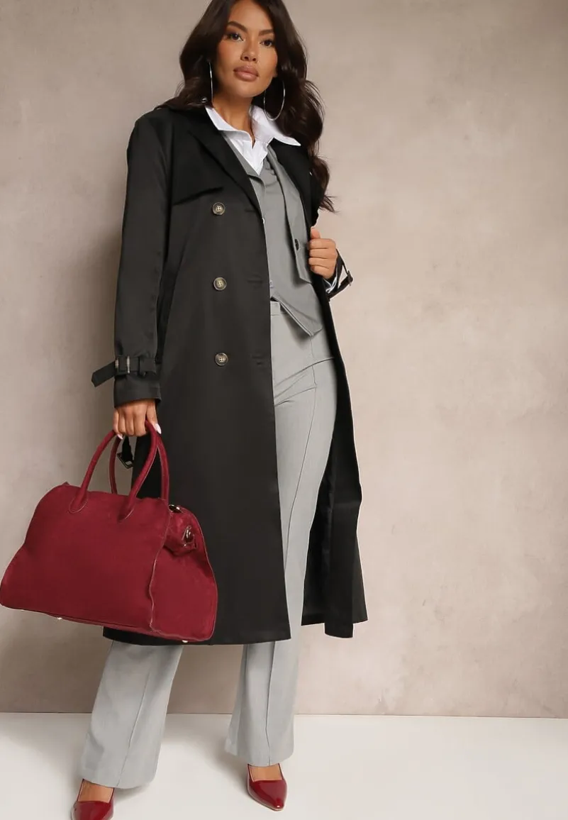 Czarny Płaszcz w Stylu Trencza z Paskiem i Klamrą Sinthelle