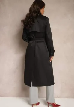 Czarny Płaszcz w Stylu Trencza z Paskiem i Klamrą Sinthelle