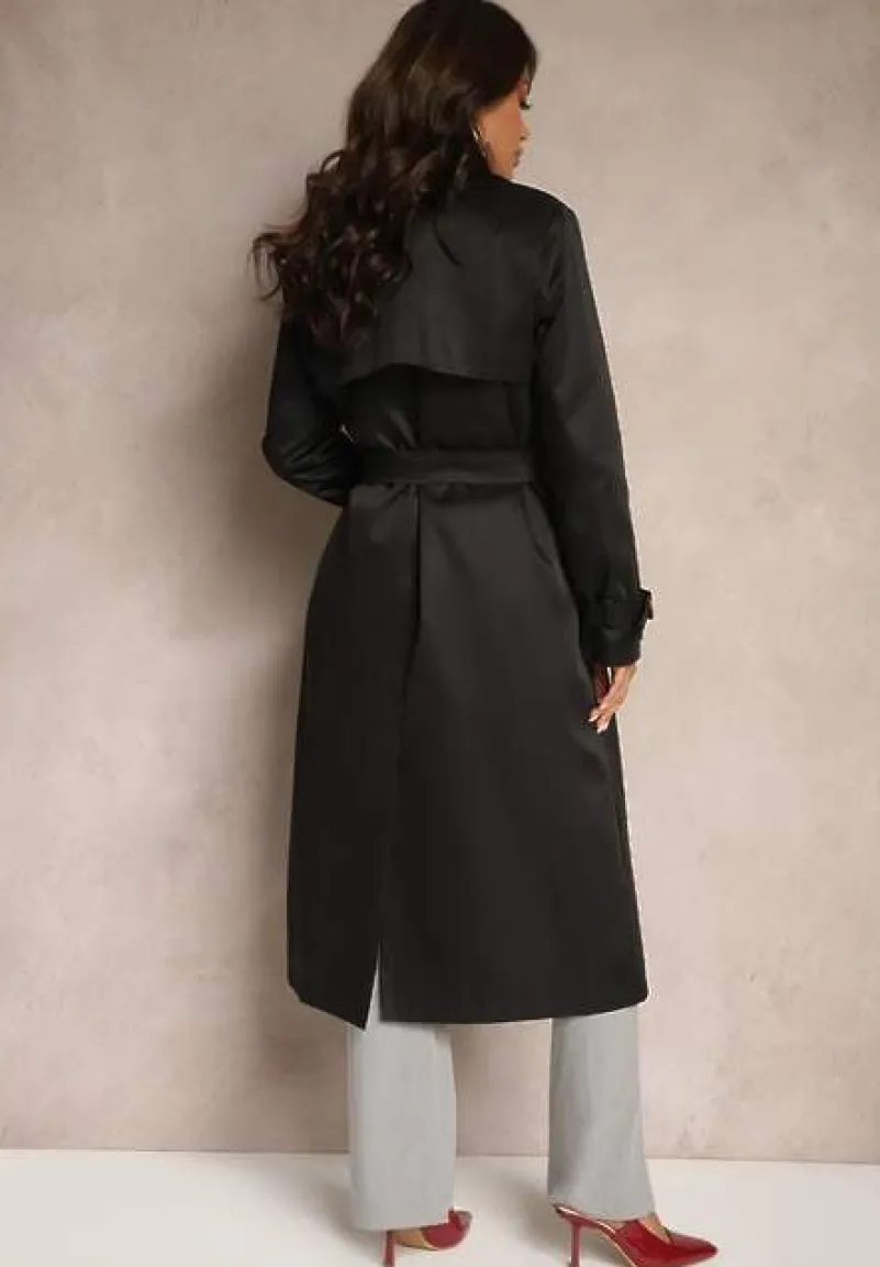 Czarny Płaszcz w Stylu Trencza z Paskiem i Klamrą Sinthelle