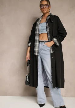 Czarny Płaszcz w Stylu Trencza Vintage z Asymetryczną Zakładką i Paskiem Davivellea