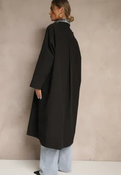 Czarny Płaszcz w Stylu Trencza Vintage z Asymetryczną Zakładką i Paskiem Davivellea