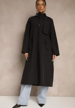 Czarny Płaszcz w Stylu Trencza Vintage z Asymetryczną Zakładką i Paskiem Davivellea