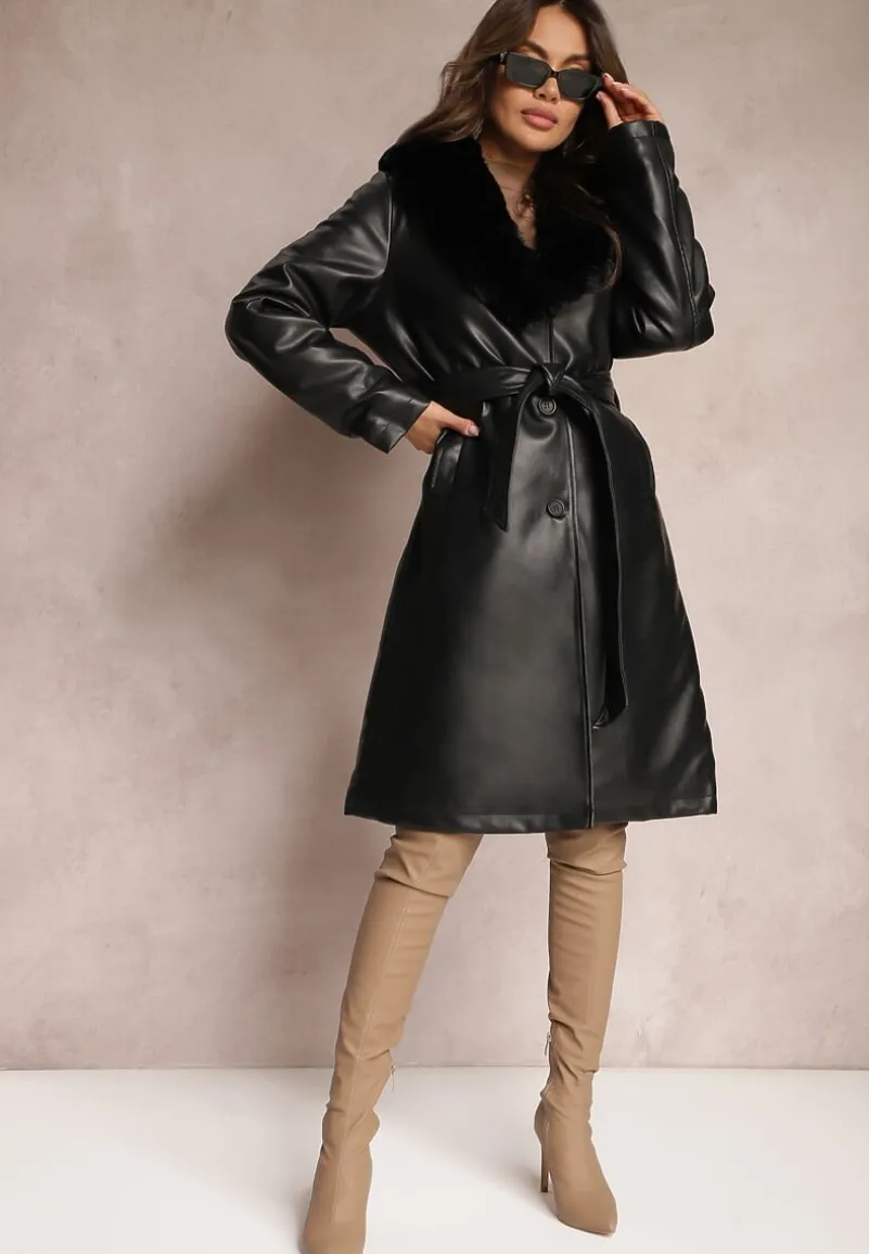 Czarny Płaszcz z Ekoskóry i Futerkowym Kołnierzem i Paskiem w Talii Talra