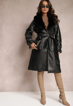 Czarny Płaszcz z Ekoskóry i Futerkowym Kołnierzem i Paskiem w Talii Talra