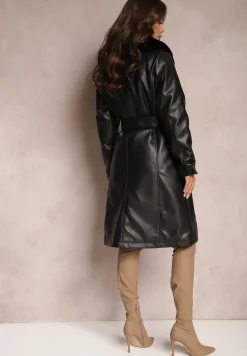 Czarny Płaszcz z Ekoskóry i Futerkowym Kołnierzem i Paskiem w Talii Talra