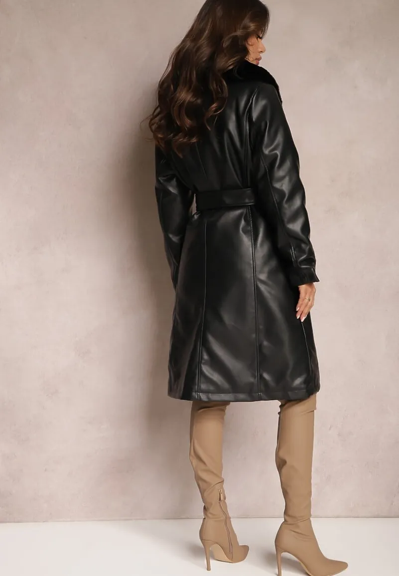 Czarny Płaszcz z Ekoskóry i Futerkowym Kołnierzem i Paskiem w Talii Talra