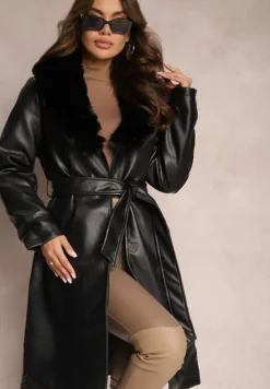 Czarny Płaszcz z Ekoskóry i Futerkowym Kołnierzem i Paskiem w Talii Talra