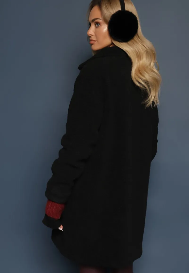 Czarny Płaszcz z Futerkiem na Napy z Kieszeniami Porttiana