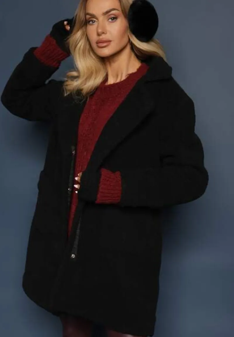 Czarny Płaszcz z Futerkiem na Napy z Kieszeniami Porttiana