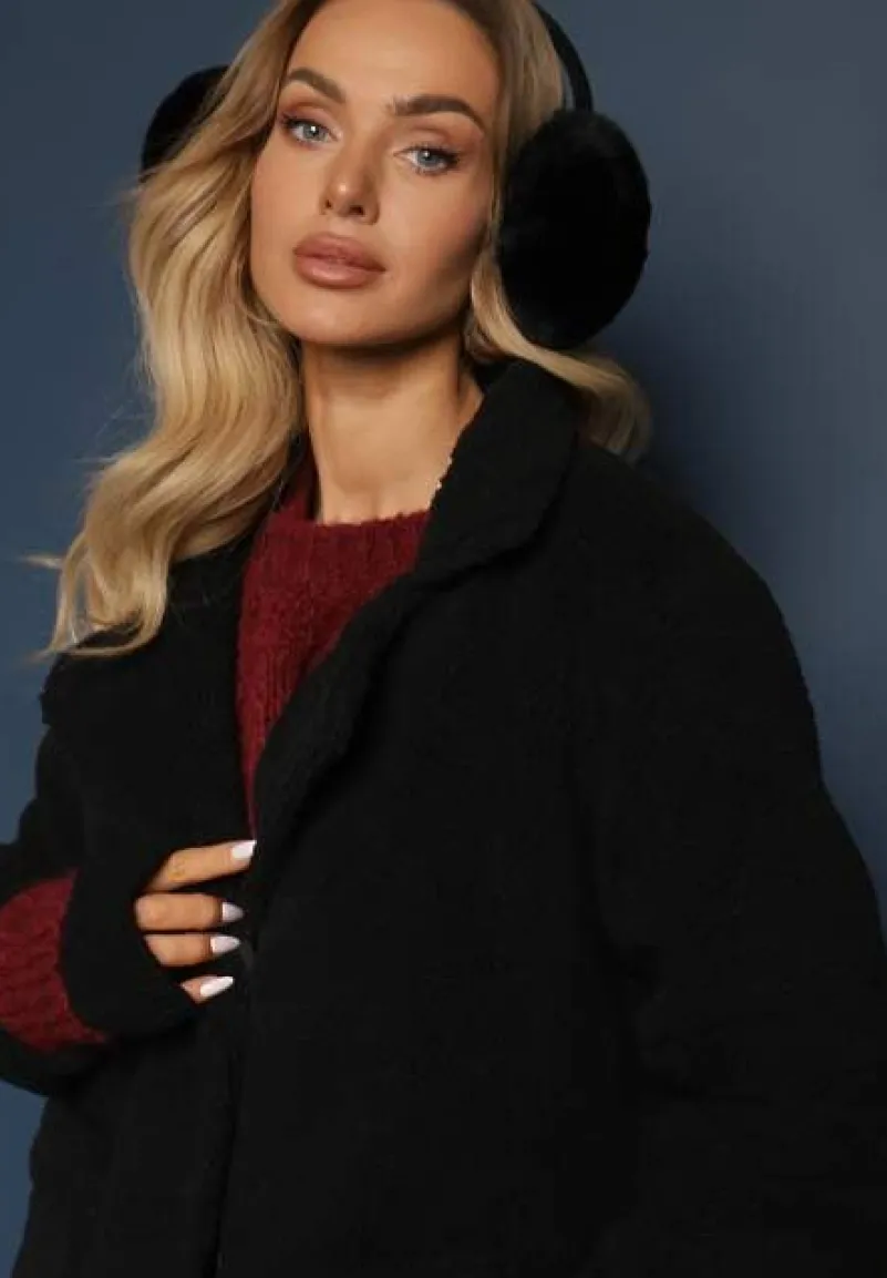 Czarny Płaszcz z Futerkiem na Napy z Kieszeniami Porttiana