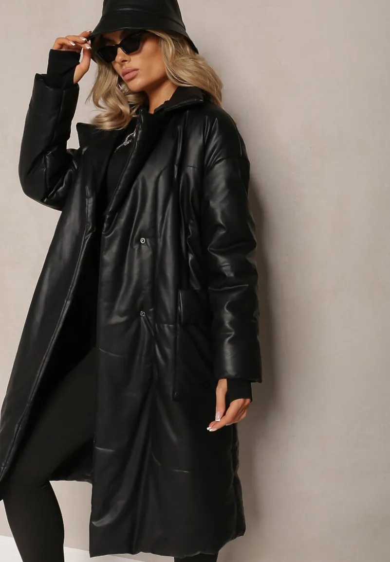 Czarny Płaszcz z Imitacji Skóry z Wiązanym Paskiem Tosha