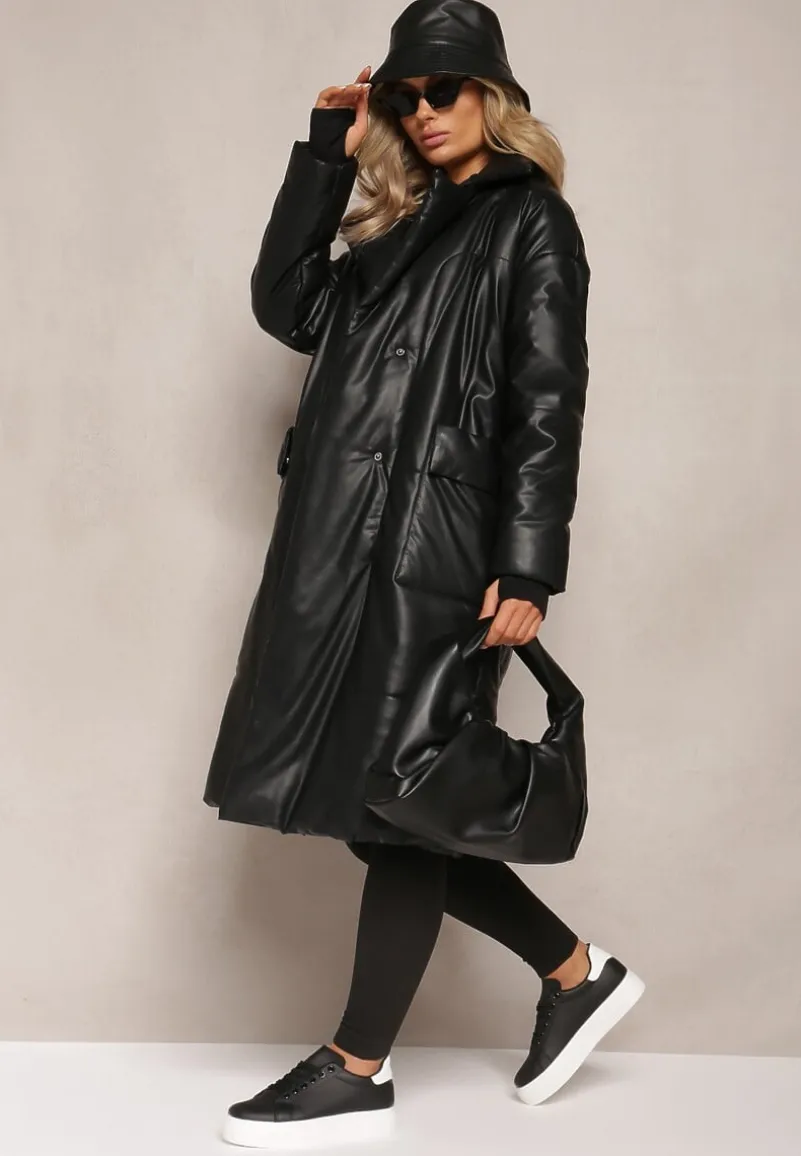 Czarny Płaszcz z Imitacji Skóry z Wiązanym Paskiem Tosha