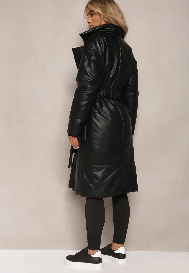 Czarny Płaszcz z Imitacji Skóry z Wiązanym Paskiem Tosha
