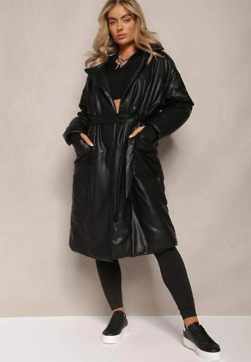 Czarny Płaszcz z Imitacji Skóry z Wiązanym Paskiem Tosha