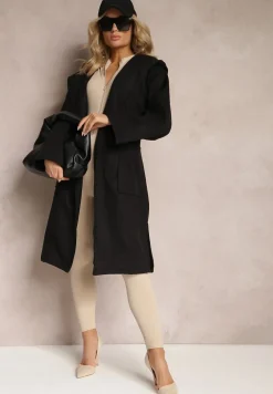 Czarny Płaszcz z Kapturem Wiązany w Pasie Kalni