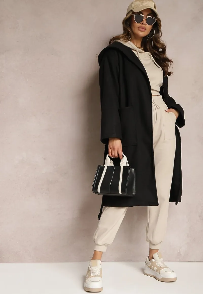 Czarny Płaszcz z Kapturem Wiązany w Pasie Kalni