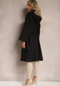 Czarny Płaszcz z Kapturem Wiązany w Pasie Kalni