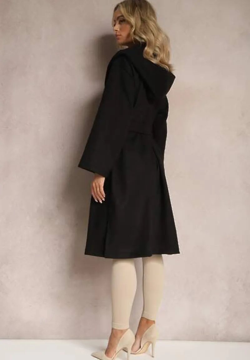 Czarny Płaszcz z Kapturem Wiązany w Pasie Kalni