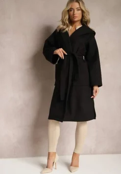Czarny Płaszcz z Kapturem Wiązany w Pasie Kalni