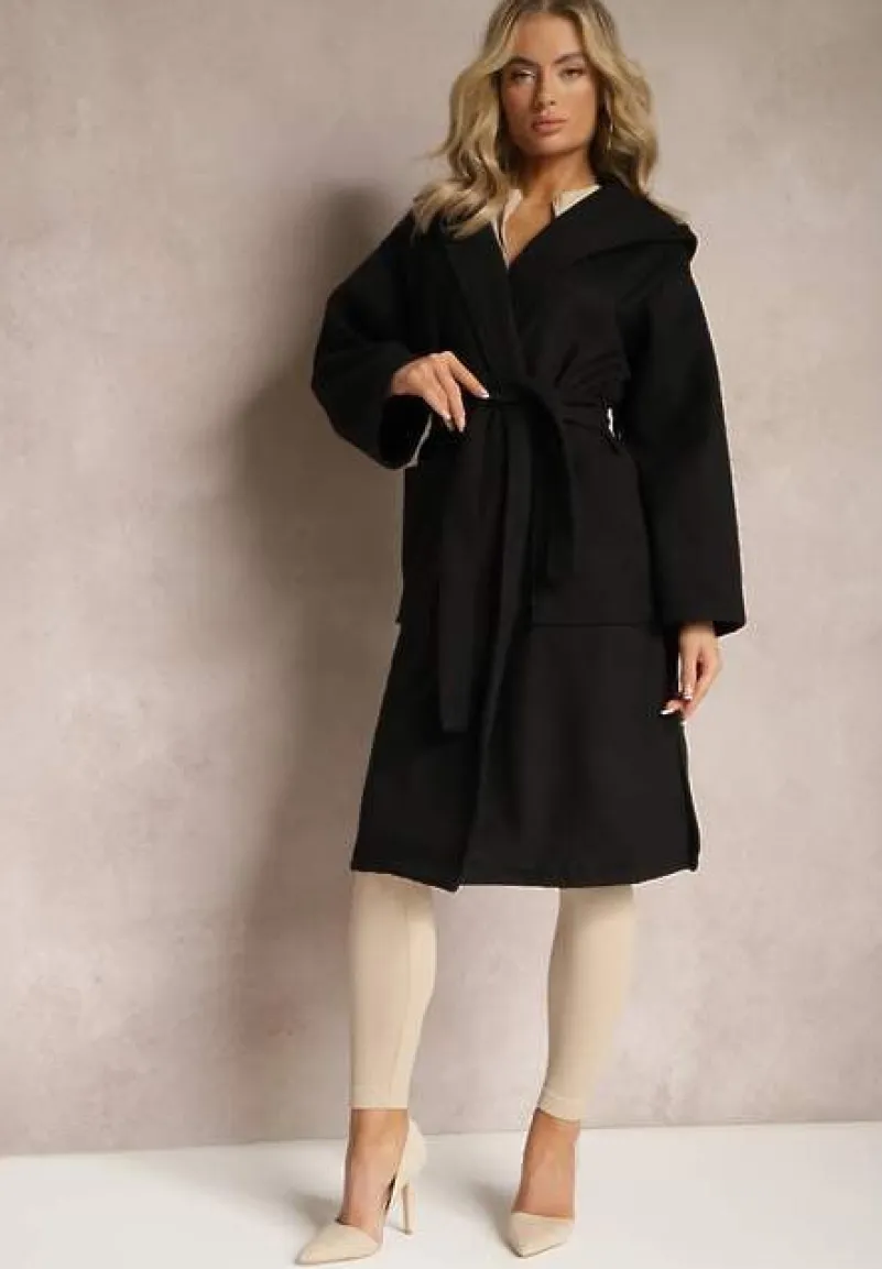 Czarny Płaszcz z Kapturem Wiązany w Pasie Kalni