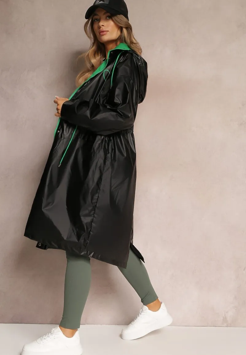 Czarny Płaszcz z Kapturem i Ściągaczem w Talii Maiar