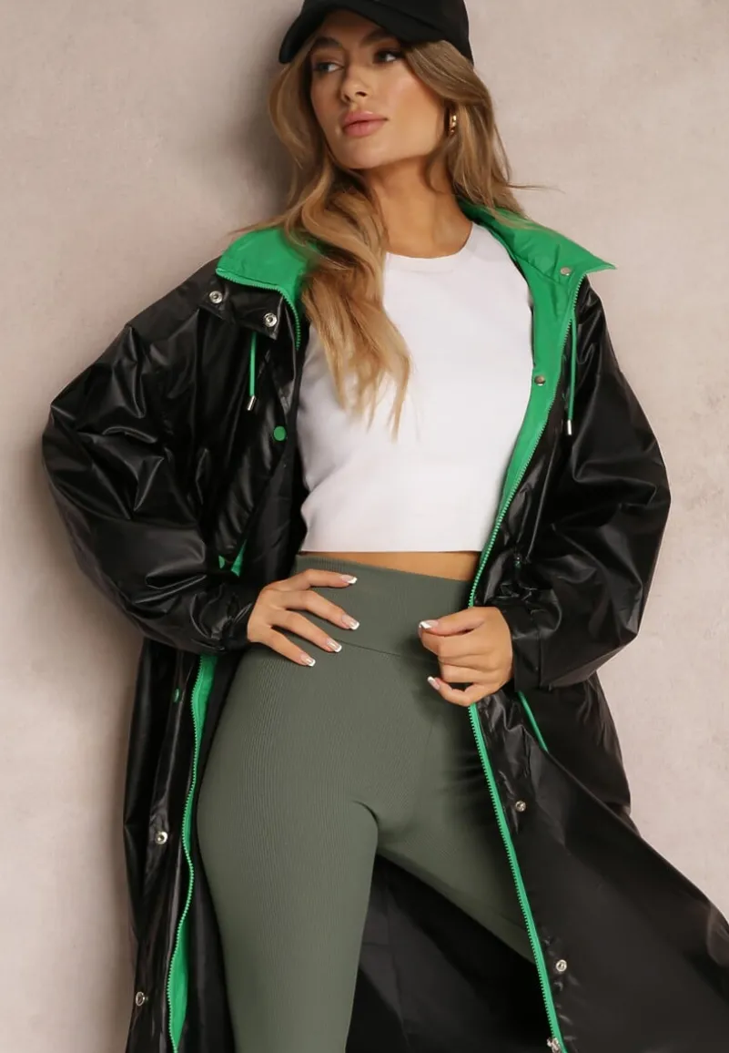 Czarny Płaszcz z Kapturem i Ściągaczem w Talii Maiar