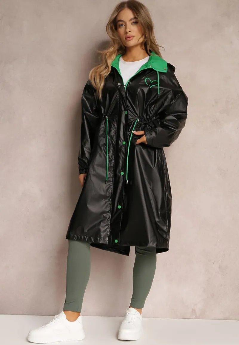 Czarny Płaszcz z Kapturem i Ściągaczem w Talii Maiar