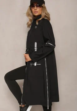 Czarny Płaszcz z Regulowaną Długością i Ozdobnymi Wstawkami Nainika