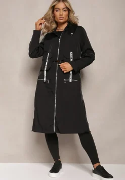 Czarny Płaszcz z Regulowaną Długością i Ozdobnymi Wstawkami Nainika