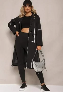 Czarny Płaszcz z Regulowaną Długością i Ozdobnymi Wstawkami Nainika