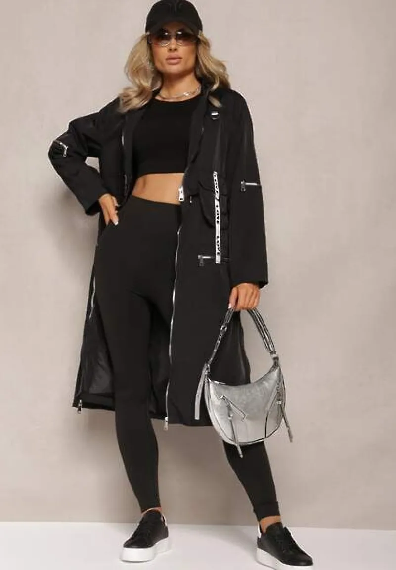 Czarny Płaszcz z Regulowaną Długością i Ozdobnymi Wstawkami Nainika