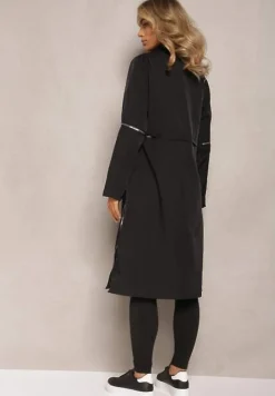 Czarny Płaszcz z Regulowaną Długością i Ozdobnymi Wstawkami Nainika