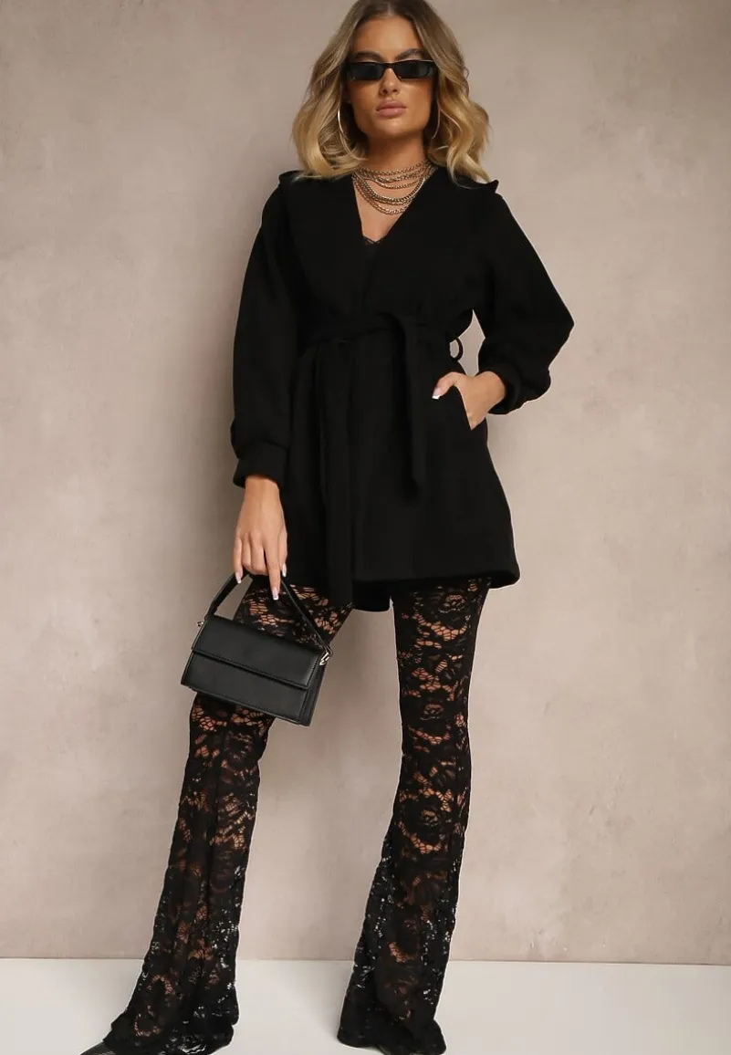 Czarny Płaszcz z Wiązanym Paskiem i Bufiastym Rękawem Agnage