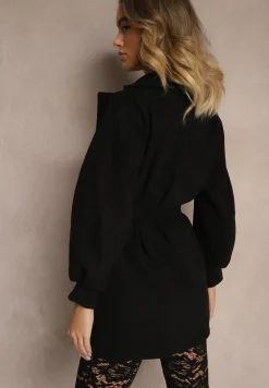 Czarny Płaszcz z Wiązanym Paskiem i Bufiastym Rękawem Agnage