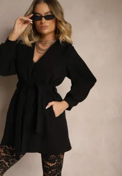 Czarny Płaszcz z Wiązanym Paskiem i Bufiastym Rękawem Agnage