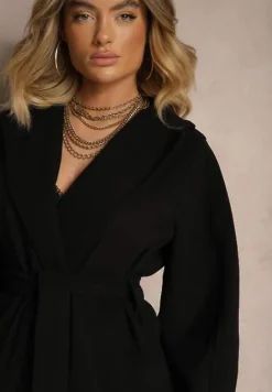 Czarny Płaszcz z Wiązanym Paskiem i Bufiastym Rękawem Agnage