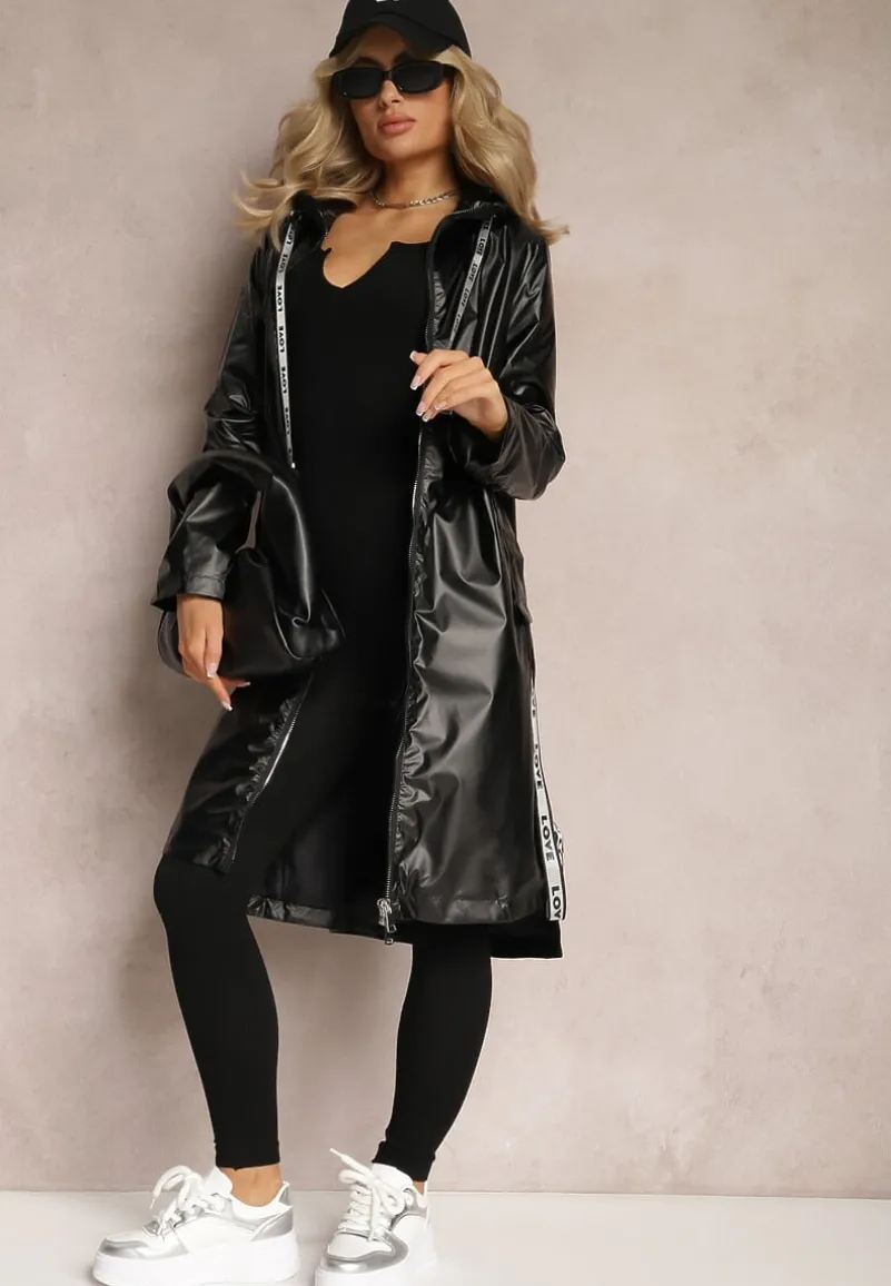 Czarny Płaszcz za Kolano z Tasiemką i Kapturem Penela