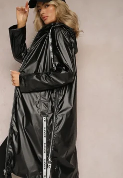 Czarny Płaszcz za Kolano z Tasiemką i Kapturem Penela