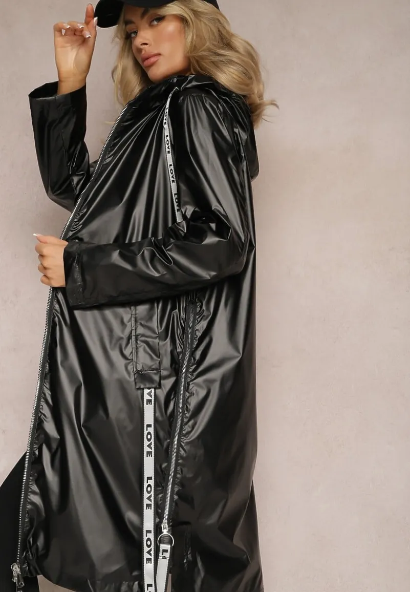 Czarny Płaszcz za Kolano z Tasiemką i Kapturem Penela