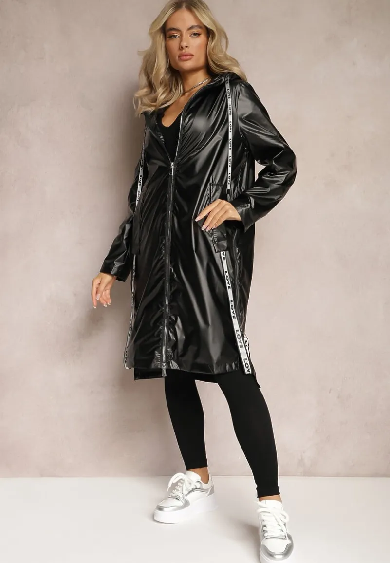 Czarny Płaszcz za Kolano z Tasiemką i Kapturem Penela