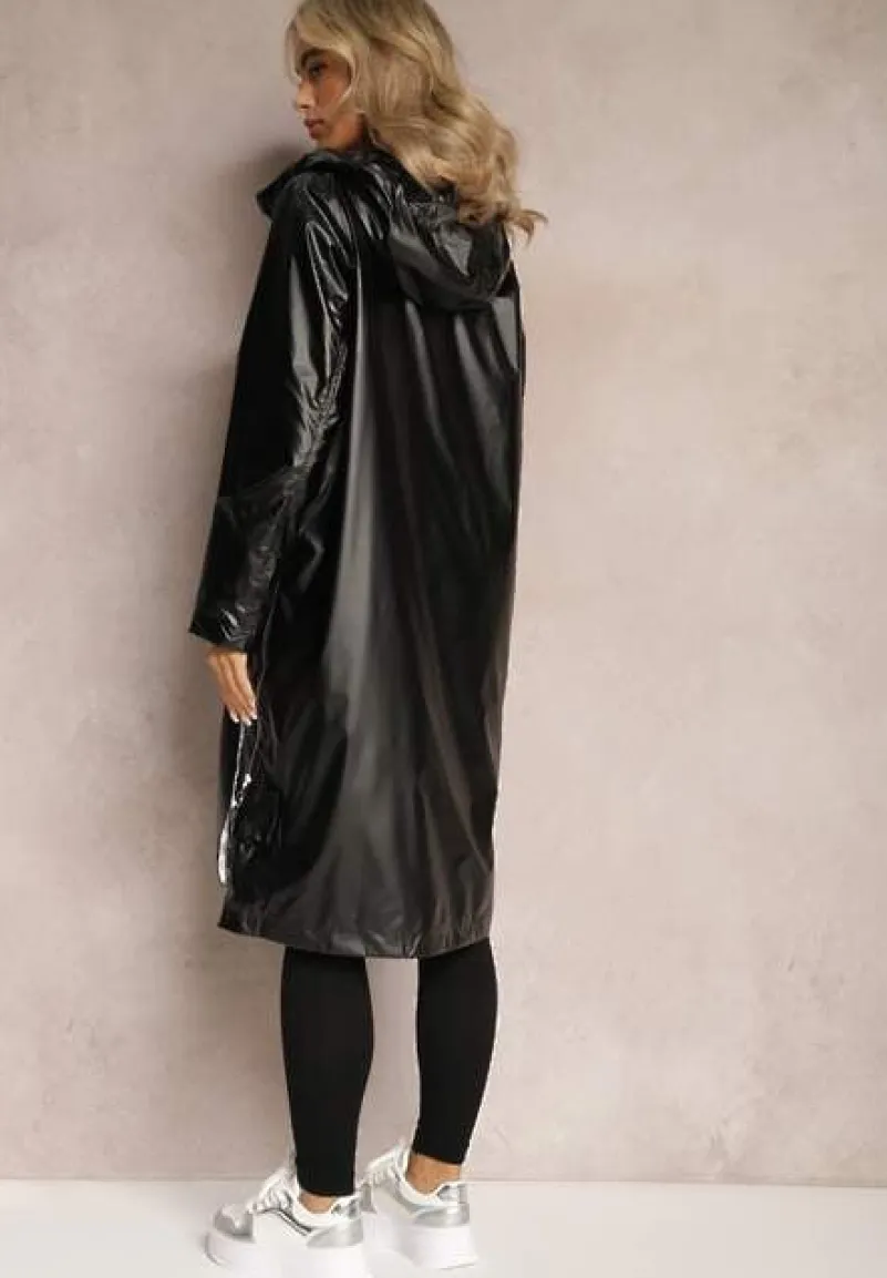 Czarny Płaszcz za Kolano z Tasiemką i Kapturem Penela